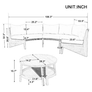 6-Person Outdoor Seating Group with Coffee Table, Half Moon Patio Sectional Sofa Set, All Weather Conversation Sofa Set with Acacia Wood Frame and Thick Cushions for Backyard Poolside (Grey+Acacia)