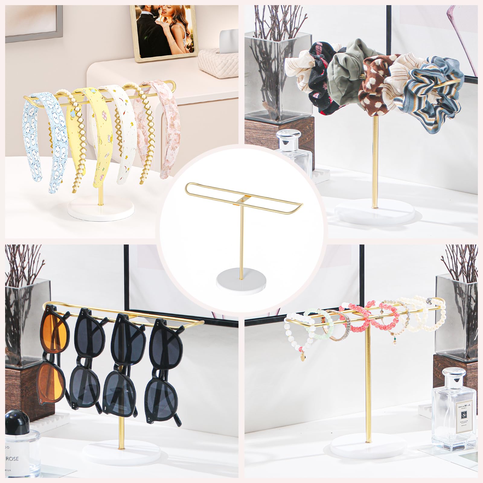 Julysky Metal Headband Holder,Headband Display Stand,Bracelet Holder, Claw Clip Organizer, Gold Headband Organizer, Hair Accessories Organizer Storage, Hair Tie Organizer for Women(White and Gold)