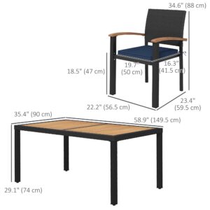 Outsunny 7 Pieces Patio Dining Set with Space-Saving Design, Wicker Patio Furniture Set Outdoor Dining Set with Acacia Wood Table Top, Cushions, for Backyard, Balcony, Garden, Deck, Black