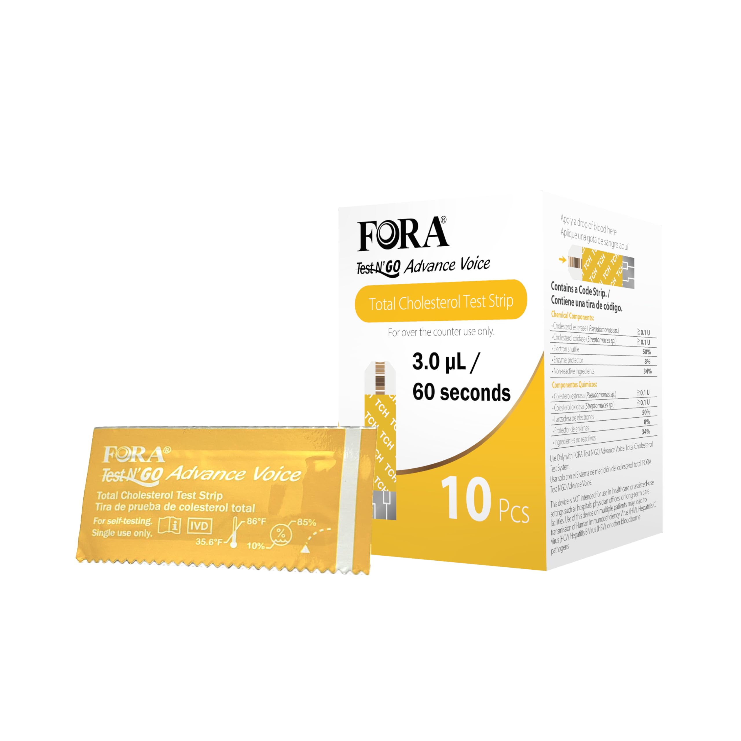 FORA Blood Total Cholesterol Test Strips (10pcs/Box, Compatible with FORA Test N'Go Advance Voice Meter)