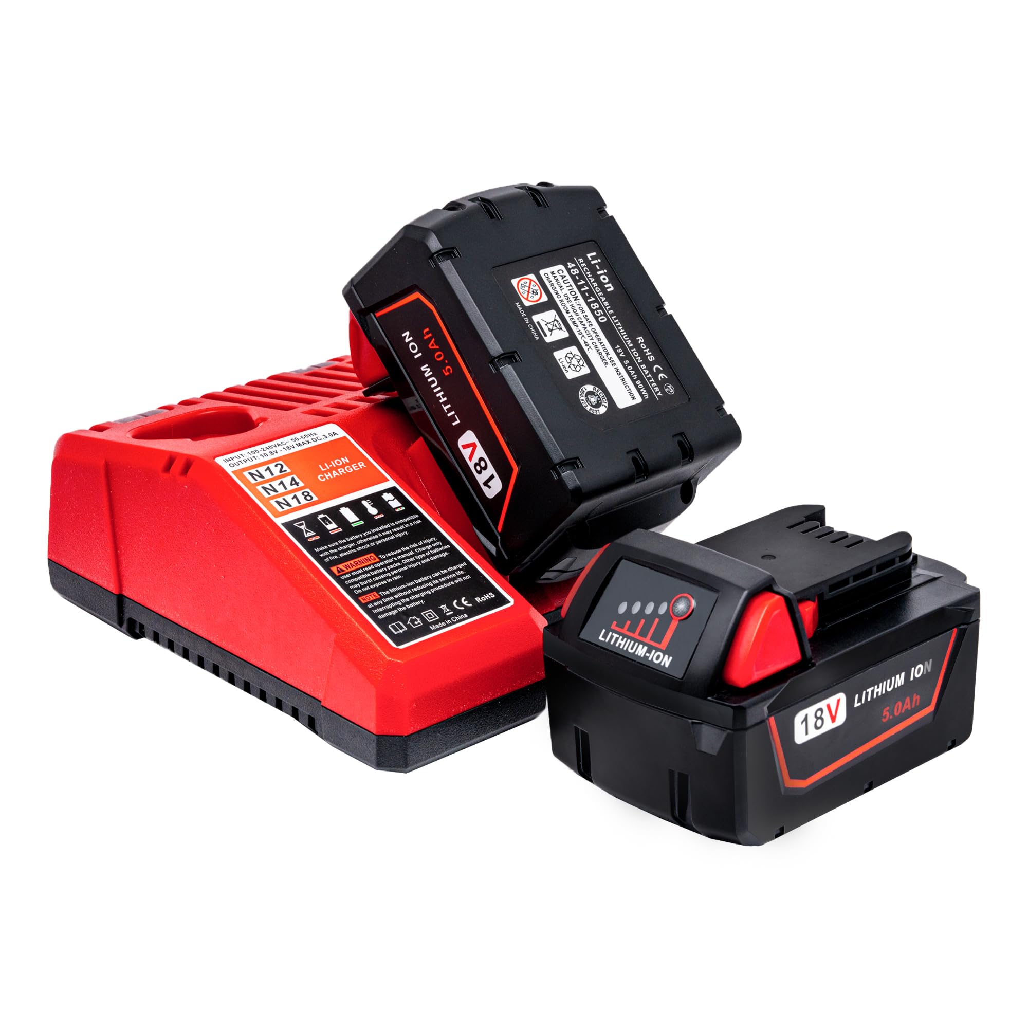 Cruruakku 2 Pack Replace Battery for Milwaukee M18 Battery 5.0ah and Charger Combo,Compatible with Milwaukee M18 Cordless Power Tools 18V Lithium Battery 48-11-1850 48-11-1840 48-11-1860