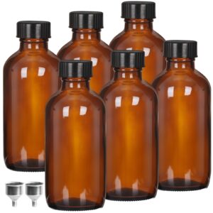 6 pack 4 oz amber glass boston bottles, round tinture bottles with black caps for essential oil, perfume, homemade vanilla extract and liquid