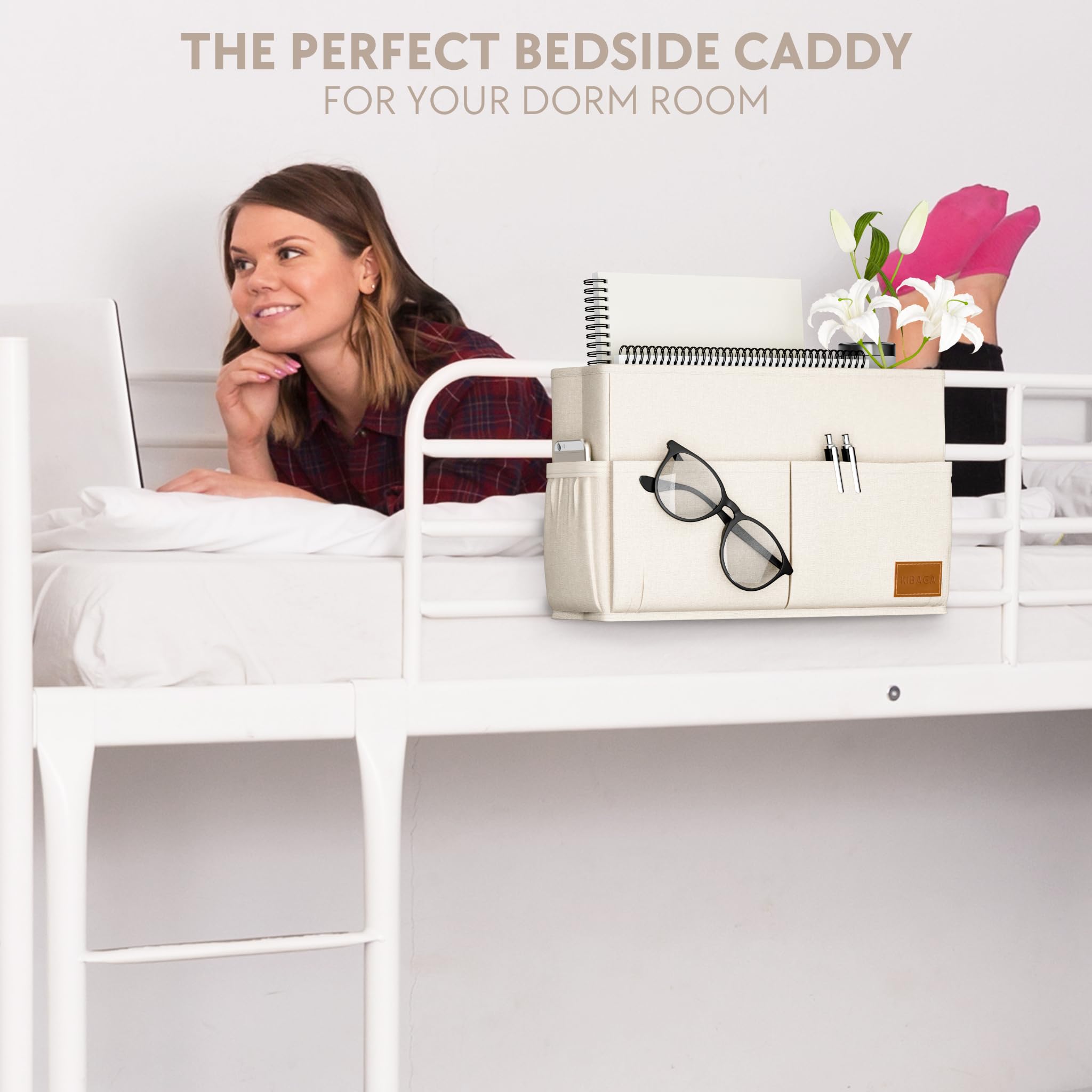 Large Bedside Caddy With Big Pockets And Bottle Holder to Easily Organize All Your Accessories - The Perfect College Dorm Room Storage Essential for Students - Fits All Hospital Beds & Wheelchairs