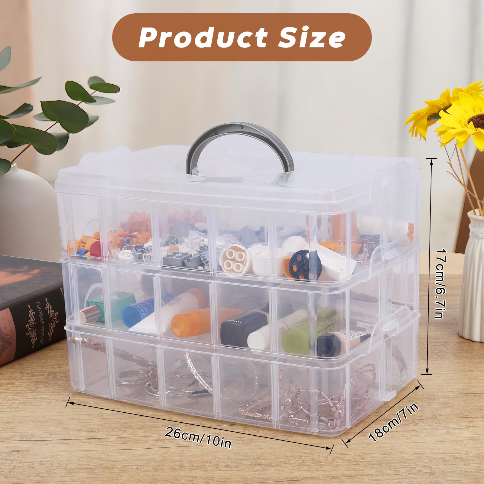 GoodSing 3-Tier Craft Storage Container Stackable Craft Storage Boxes Clear Organizer Box with Dividers Art Supplies Organizing Stationery Sewing Storage Box, Medium (10.23x 6.69x 7.09in)