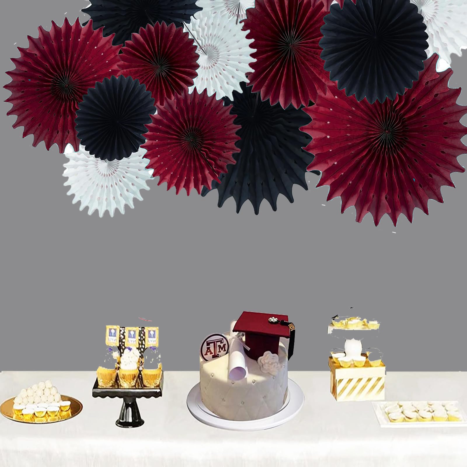 Graduation Decorations Maroon Black 2024/Burgundy Black Graduation Party Decorations/Burgundy White Black Tissue Paper Fans for Maroon Black Birthday Party Bridal Shower/Maroon Graduation Decorations