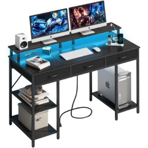 yoobure computer desk with drawers, office desk with led lights & outlets, small desk with storage shelves, gaming desk 48" home office desks with monitor stand, writing desk for bedroom small spaces