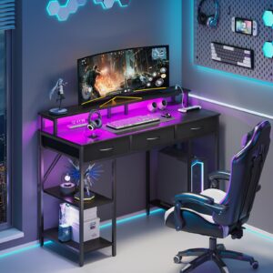 Yoobure Computer Desk with Drawers, Office Desk with LED Lights & Outlets, Small Desk with Storage Shelves, Gaming Desk 48" Home Office Desks with Monitor Stand, Writing Desk for Bedroom Small Spaces