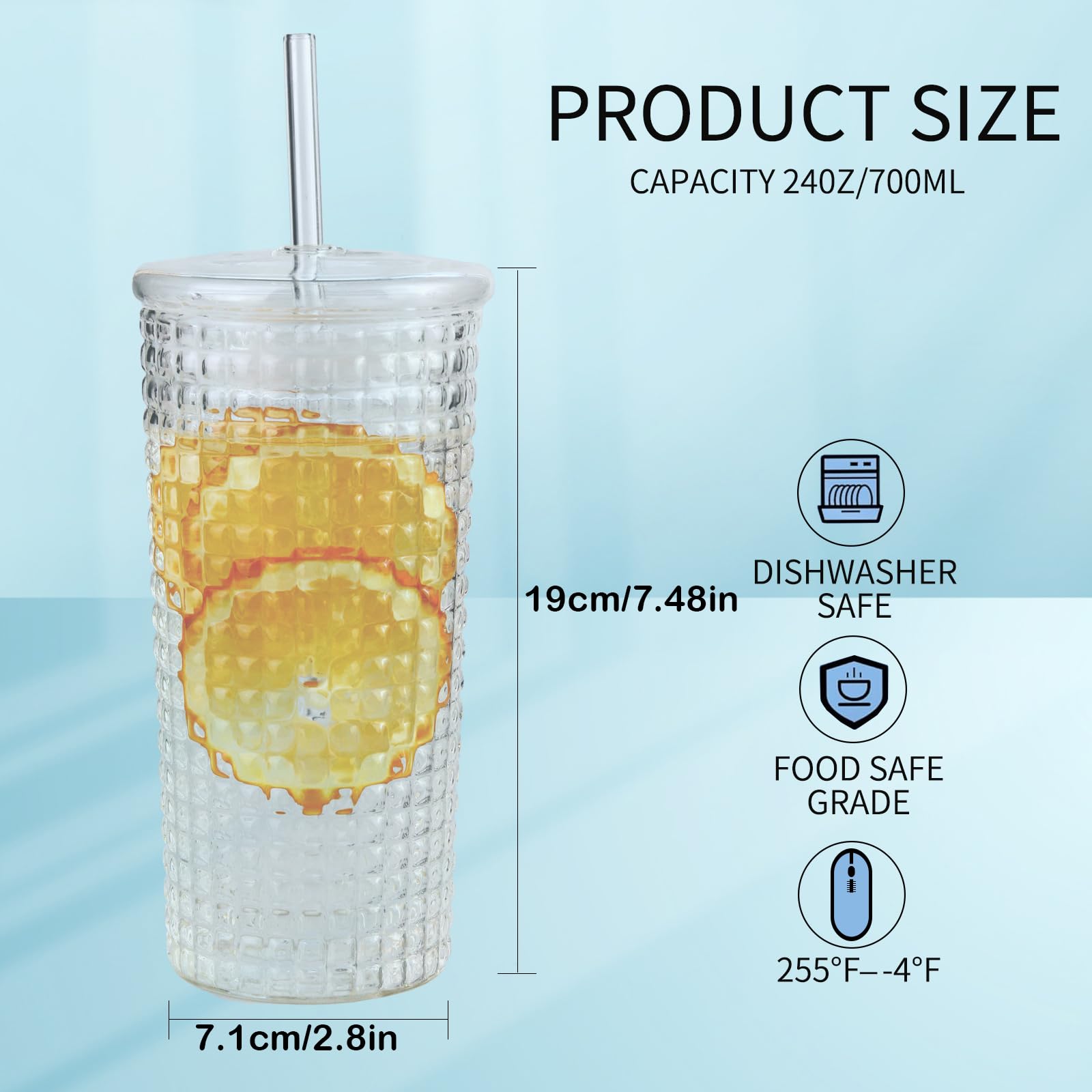 Birity Glass Cups With Lids and Glass Straws,24oz High Borosilicate Glass Tumbler Iced Coffee Smoothie Soda Water Tea Cup-Wide Mouth Reusable Mason Jar Drinking Glasses Travel Mug, Clear