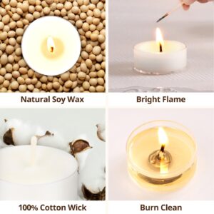 Hypmis Natural Soy Tea Lights Candles 50 Pack Bulk 4 Hours Long Burning Soy Tea Lights Non-Paraffin UnScented & Burn Clean, Mini Clear Cup Tealights Candles for Wax Melt Warm Coffee Power Outages