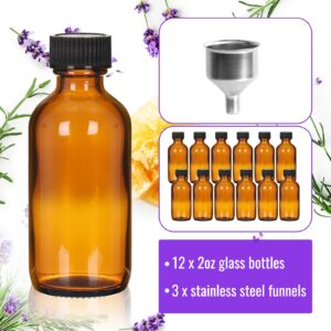 12 Pack 2 oz Amber Glass Boston Bottles, Round Tinture Bottles with Black Caps for Essential Oil, Perfume, Homemade Vanilla Extract and Liquid