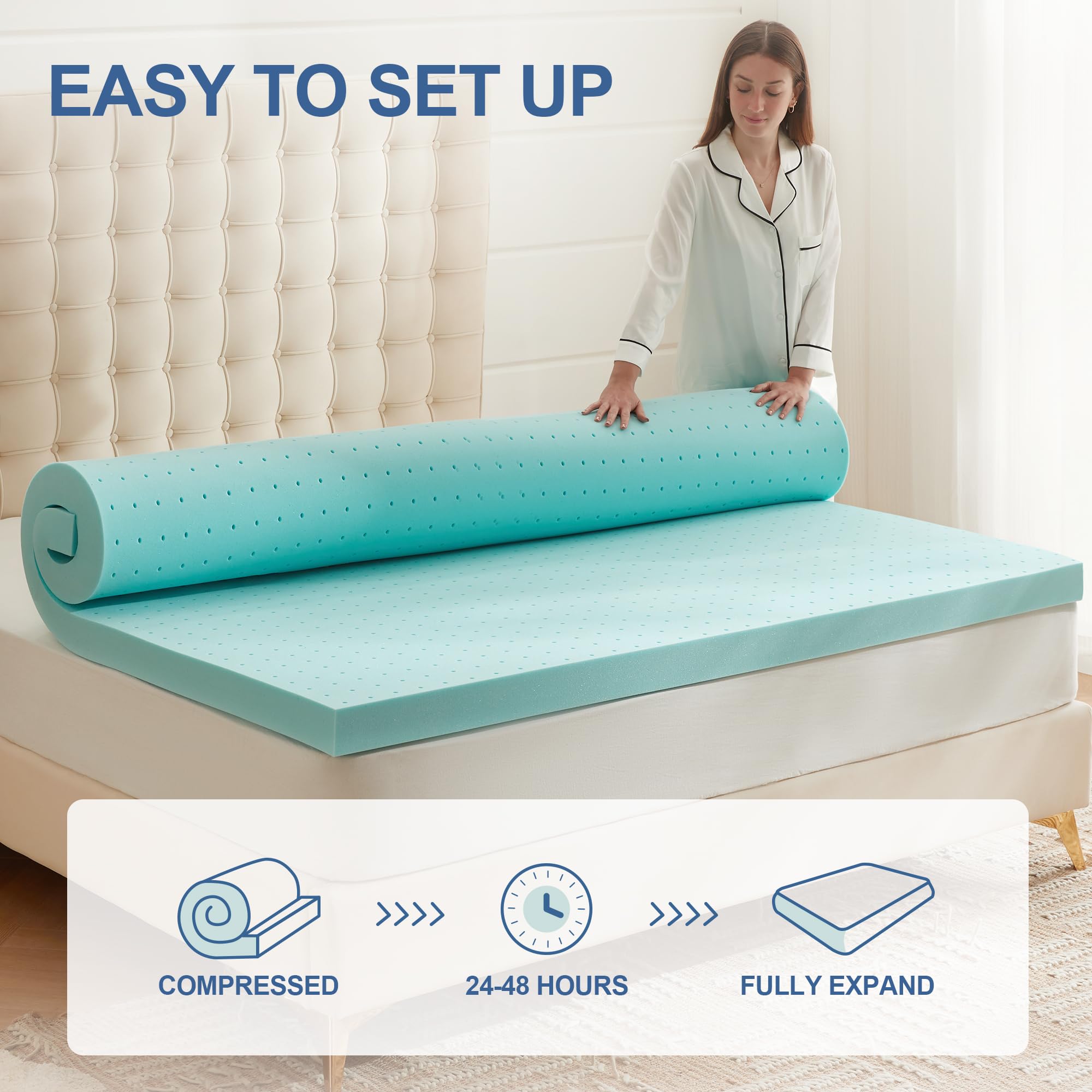 Eiayeebil 2 Inch Memory Foam Mattress Topper Twin, Mattress Pad Gel Infused Foam Bed Topper, Ventilated Soft Blue,Twin Size