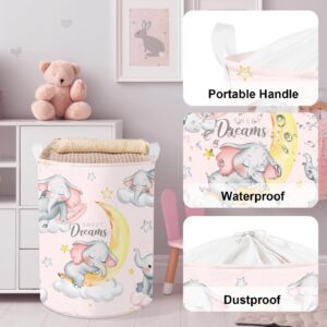 Clastyle Sleeping Elephant Kid Laundry Basket Pink Baby Girls Clothes Hamper for Nursery Collapsible Star Moon Towel Toy Storage Basket with Lid