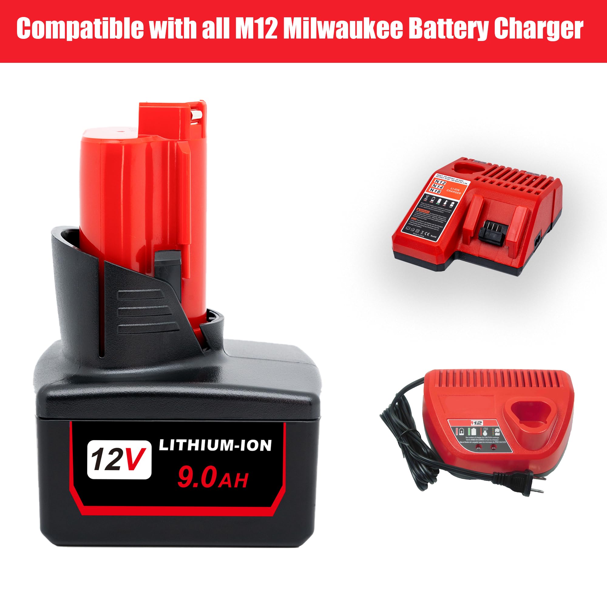 Cruruakku 9.0AH Replace for Milwaukee M12 Battery 12V 2pack 48-11-2490 48-11-2403 48-11-2402 48-11-2412,Compatible with Milwaukee 12v Cordless Power Tools.