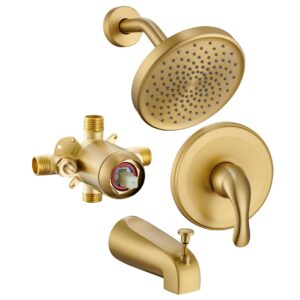 fropo brushed gold shower tub faucet set with valve - gold shower head and handle set, shower faucet set with 6 inch rain shower head and tub spout, high-pressure tub shower trim kit