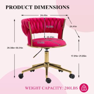 Allnifurv Home Office Chair with Hand Woven, Velvet Upholstered Desk Chair with Open Back, 360° Swivel & Height Adjustable Task Chair, Ergonomic Office Chair with Gold Base (Rose Red)