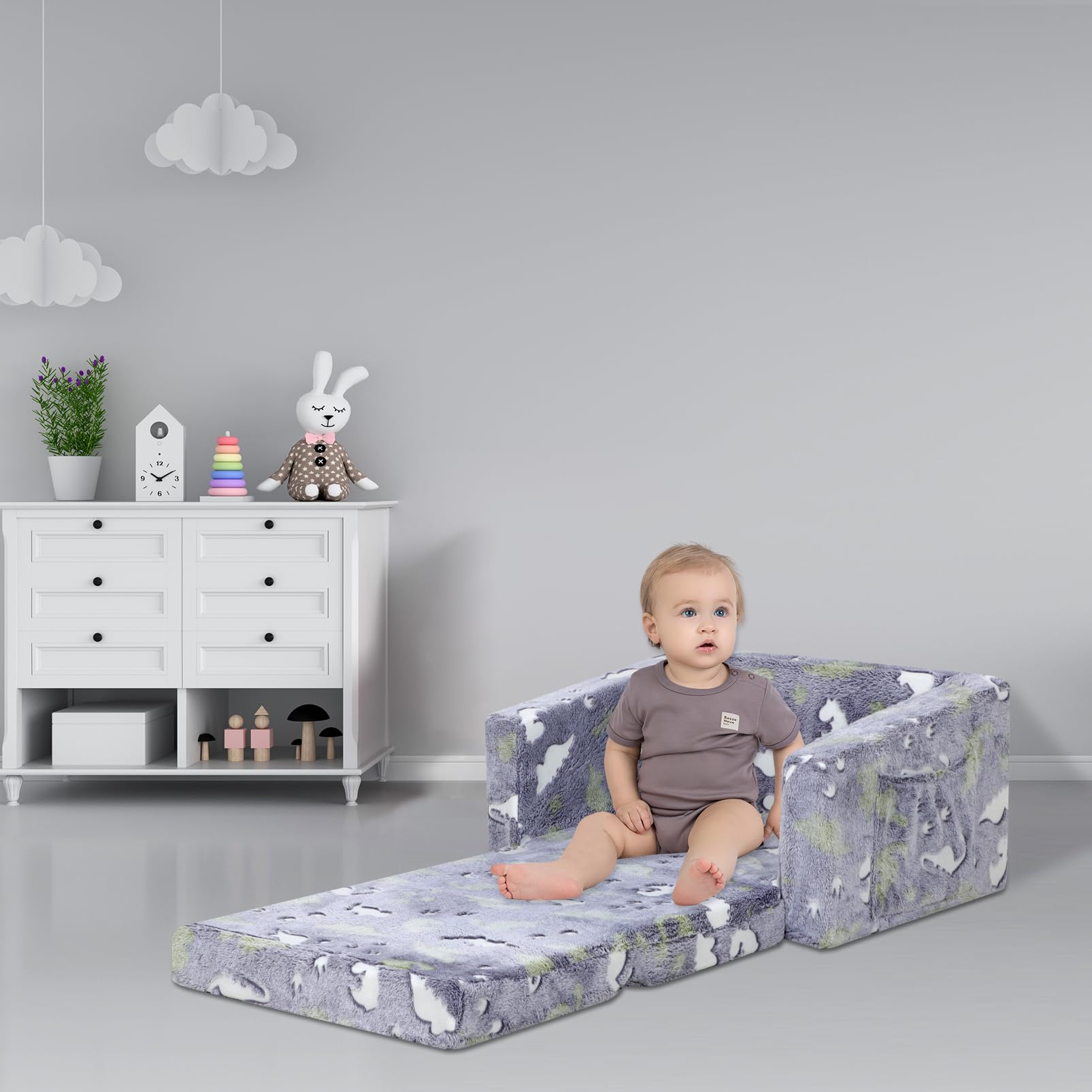 AFBKSS&BB Toddler Sofa Glow in The Dark,2 in 1Kids Chairs, Children Sofas, Baby Armchairs, Full Foam Children Upholstered Couch, Flip Out Sofa Beds Pre-School Furniture (Gray)