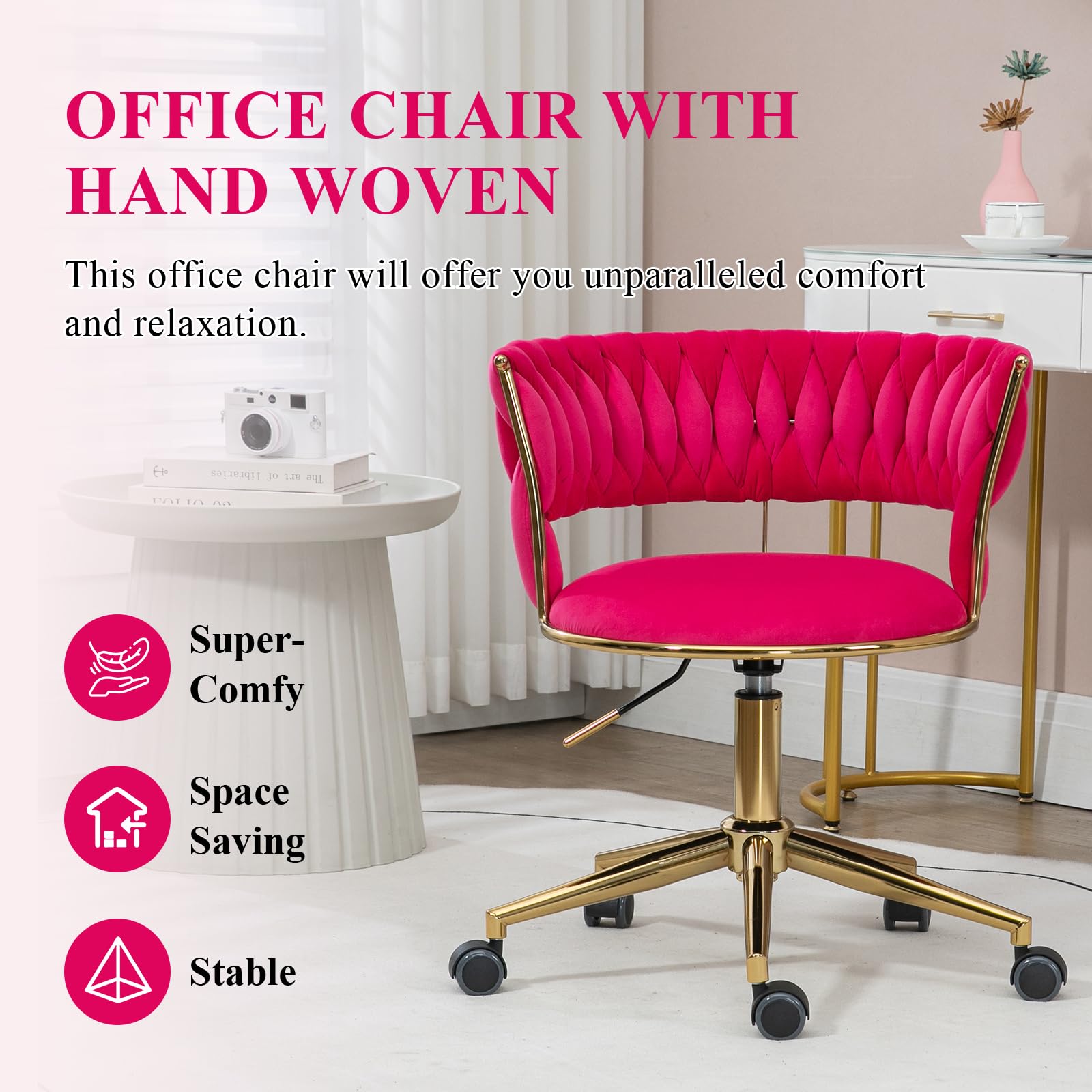 Allnifurv Home Office Chair with Hand Woven, Velvet Upholstered Desk Chair with Open Back, 360° Swivel & Height Adjustable Task Chair, Ergonomic Office Chair with Gold Base (Rose Red)