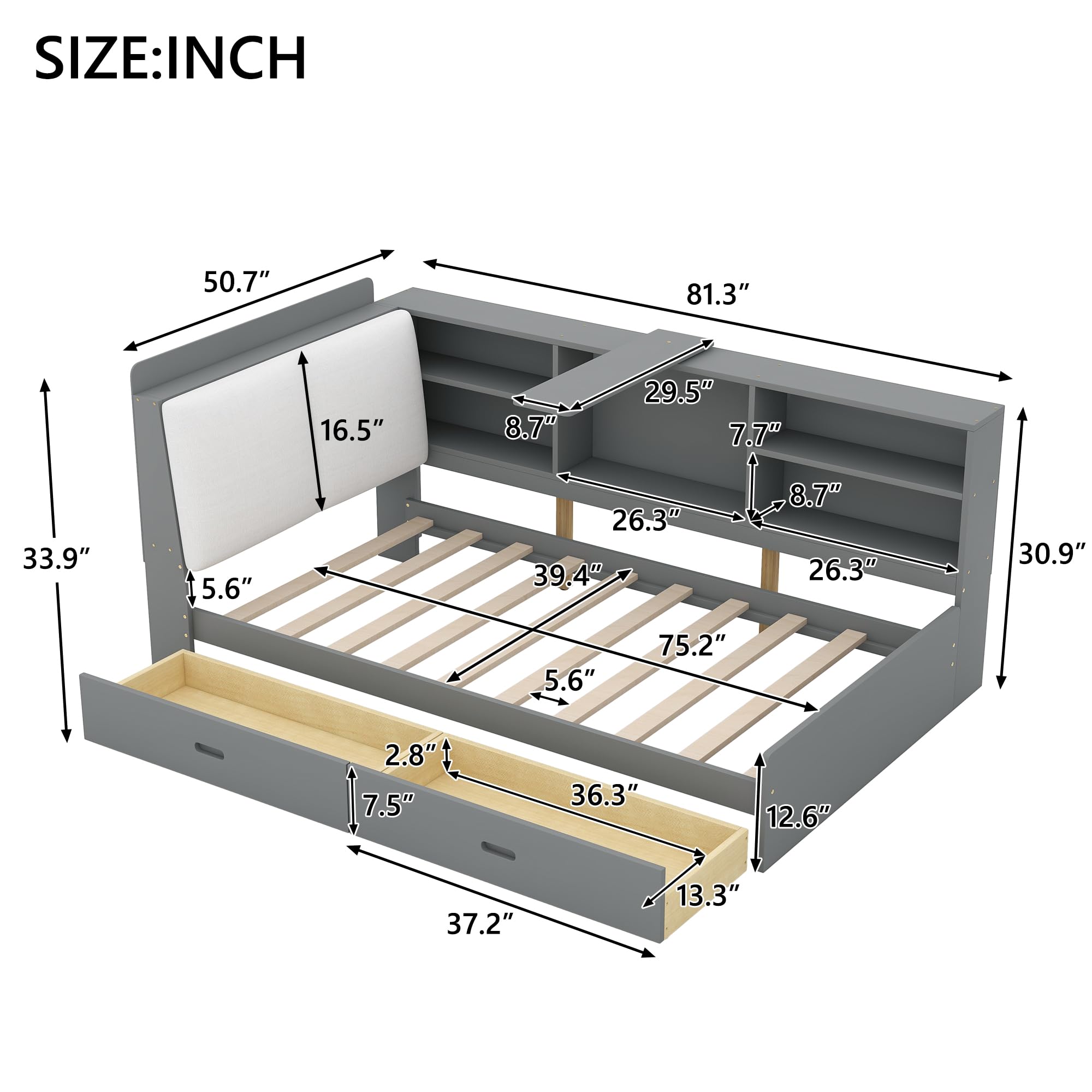 VilroCaz Twin Size Platform Bed with L-Shaped Storage Shelves and Upholstered Headboard, Solid Wood Daybed Frame with 2 Drawers and Rotatable Storage Board, Maximize Space (Grey-25)