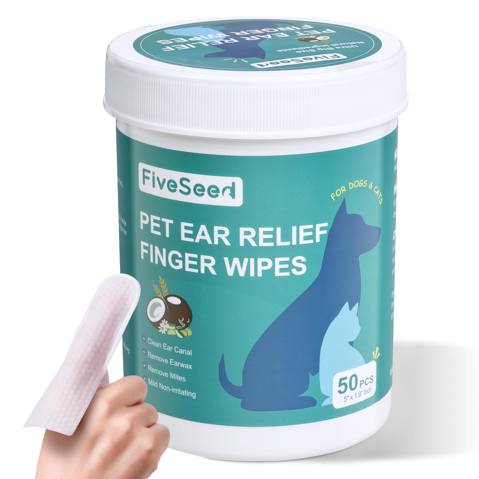 Ear Wipes for Dogs and Cats, Extra-Large Size Relief Finger Wipe Ear Cleaner to Stop Ear Itching and Infections, 50 Disposable Wipes