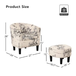 INZOY Modern Accent Chair with Ottoman for Small Space, Club Chair with Ottoman Set, Comfy Fabric Barrel Reading Chairs for Living Room Bedroom, Round Reading Chair with Foot Rest, Flower Pattern