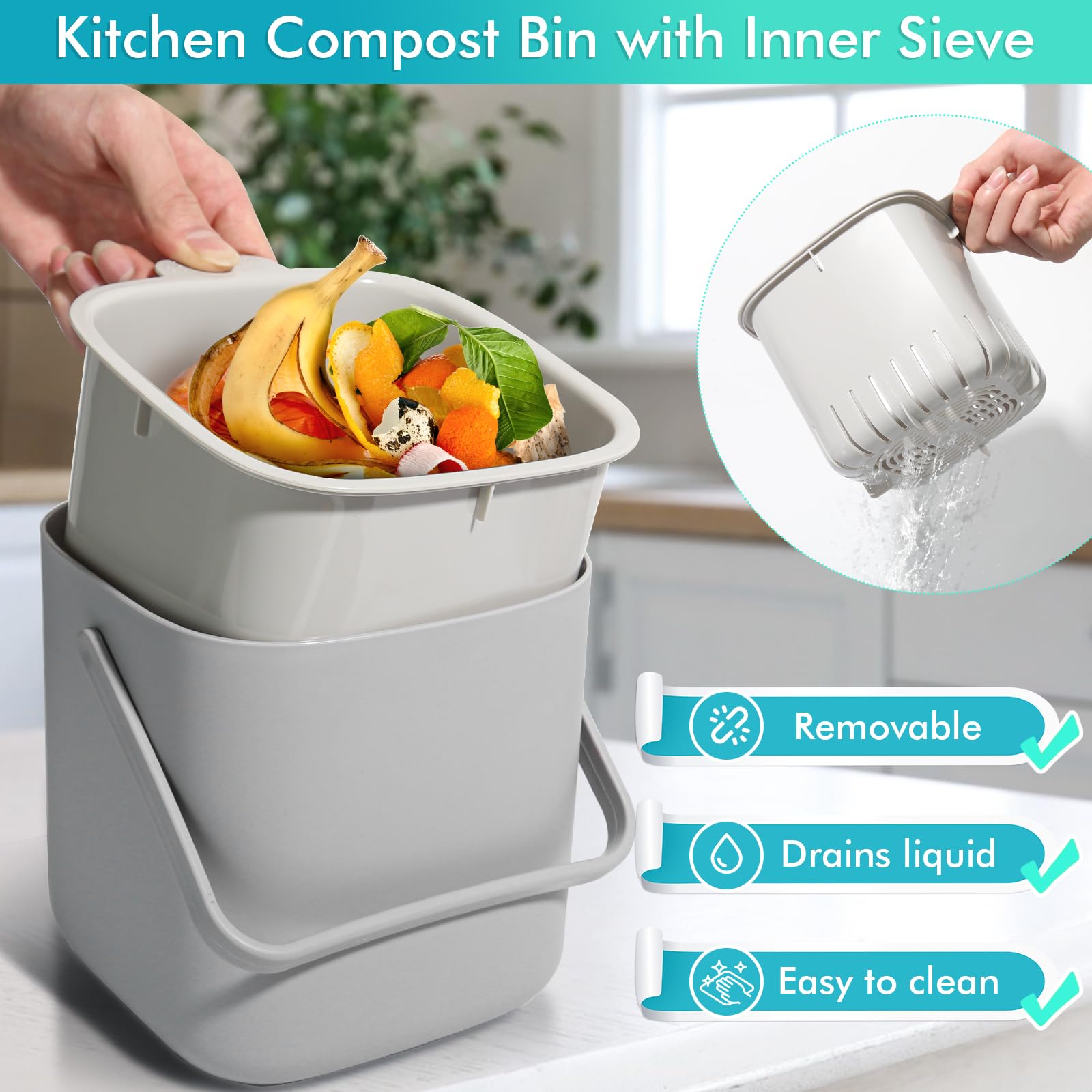 RYTOXILO Small Compost Bin Kitchen - 1 Gallon Countertop Compost Bin with Lid, Indoor Compost Bins with Inner Sieve, Food Waste Bin for Kitchen Compost, Kitchen Food Scrap Pail Bucket