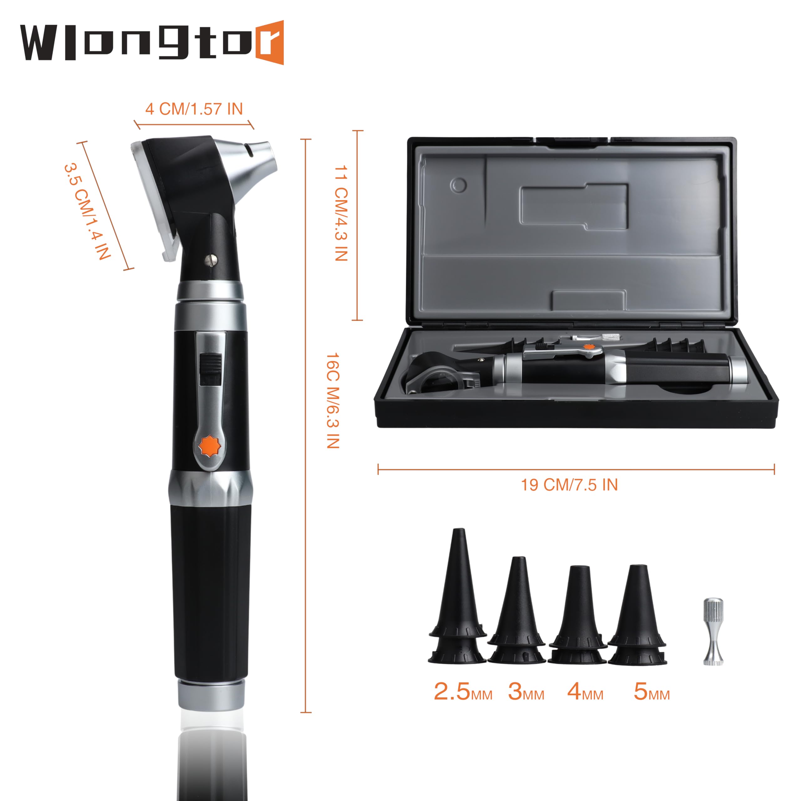 Wlongtor Otoscope Kit - Professional Diagnostic Ear Care Tool with 3.0V LED Bulb, 3X Magnification, 4 Speculum tip Sizes, Diagnostic Ear Care Tool for Children, Adults, Pets (HS-10OG(Black))