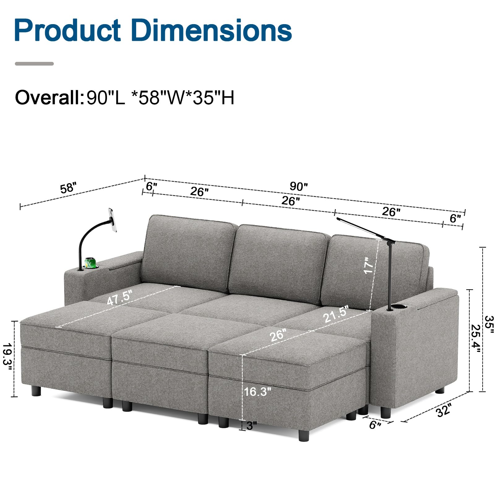 beyond SMART Multifunctional Sleep Sofa, Modular Sectional Sofa Bed, Sleeper Sofa for Living Room with Storage, Armrest with Power Grommet and Cup Holder, Wireless Charging Stand & LED Light Included