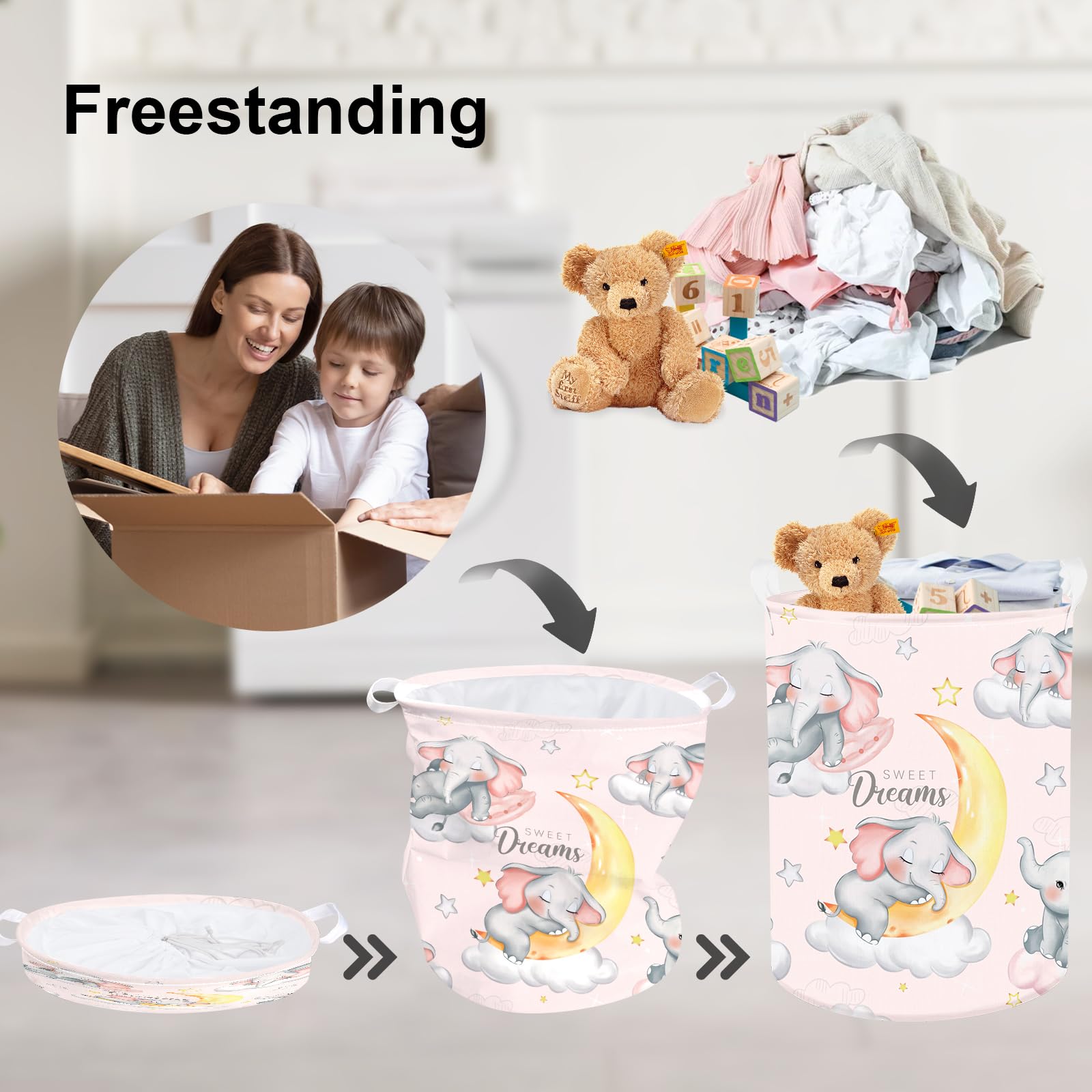 Clastyle Sleeping Elephant Kid Laundry Basket Pink Baby Girls Clothes Hamper for Nursery Collapsible Star Moon Towel Toy Storage Basket with Lid