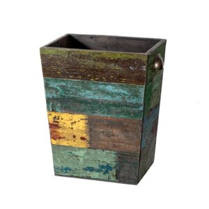 timris small wood trash can wastebasket, farmhouse rectangular garbage can waste basket, rustic distressed boho wooden trash recycling bin with metal handles, reclaimed wood storage basket (random)