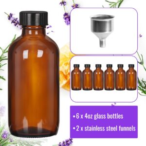 6 Pack 4 oz Amber Glass Boston Bottles, Round Tinture Bottles with Black Caps for Essential Oil, Perfume, Homemade Vanilla Extract and Liquid