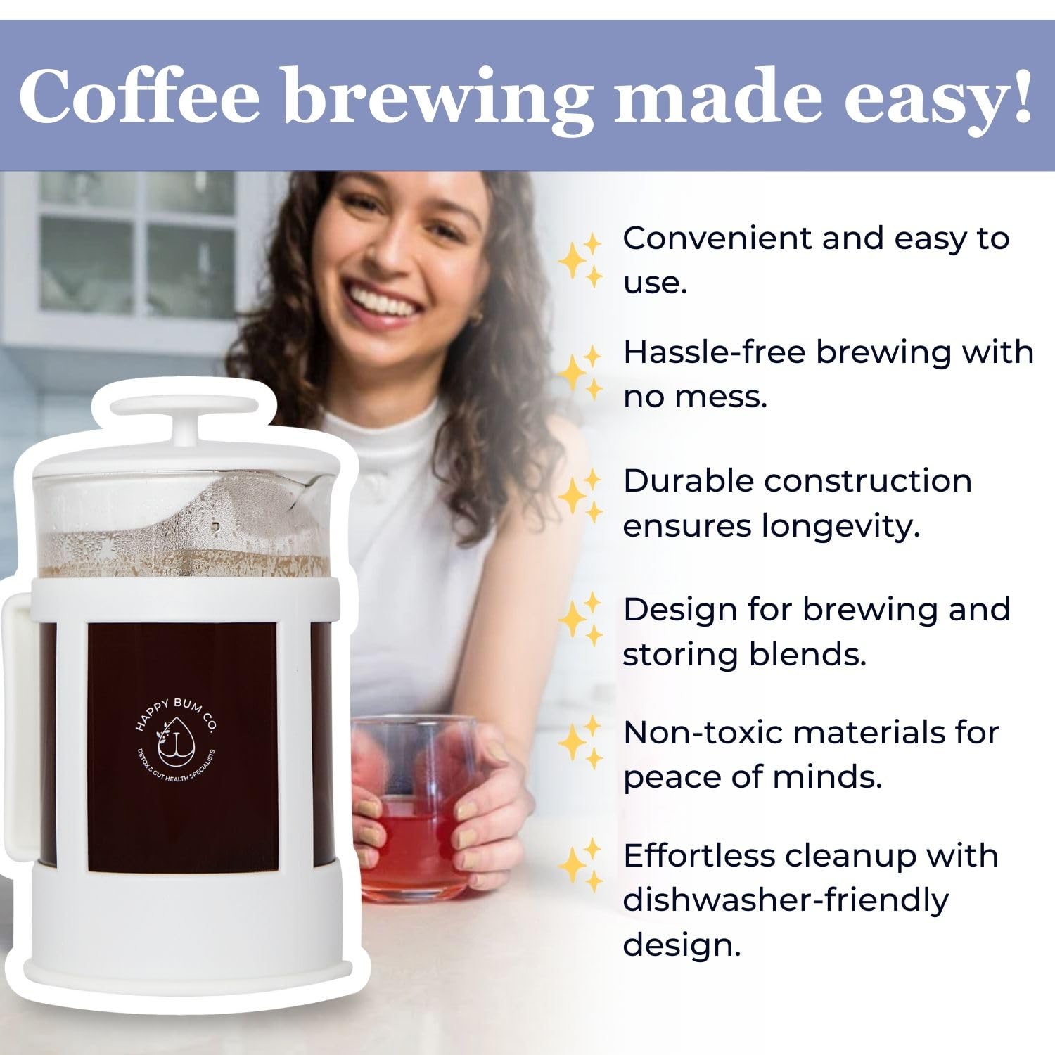 Happy Bum Coffee Plunger | 1 Liter(33.8oz) Glass French Press Stainless Steel Strainer | Easy to Use & Clean French Coffee Press Glass for Brewing and Storing Coffee Enema