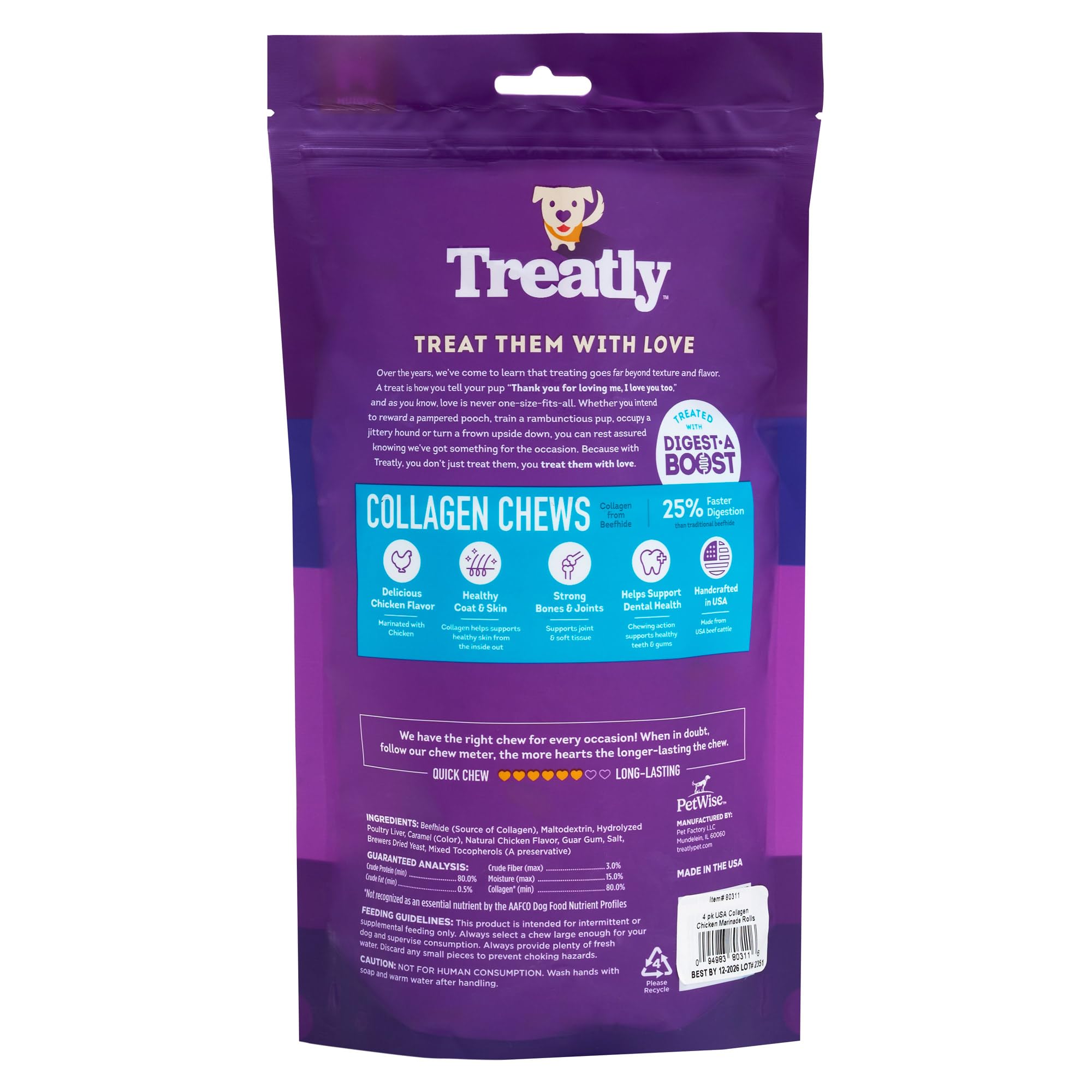 Treatly USA Collagen Rolls 6-7" Dog Chew Treats - Chicken Marinade Flavor, 4 Count/1 Pack