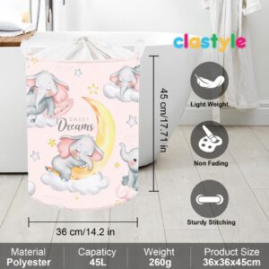 Clastyle Sleeping Elephant Kid Laundry Basket Pink Baby Girls Clothes Hamper for Nursery Collapsible Star Moon Towel Toy Storage Basket with Lid