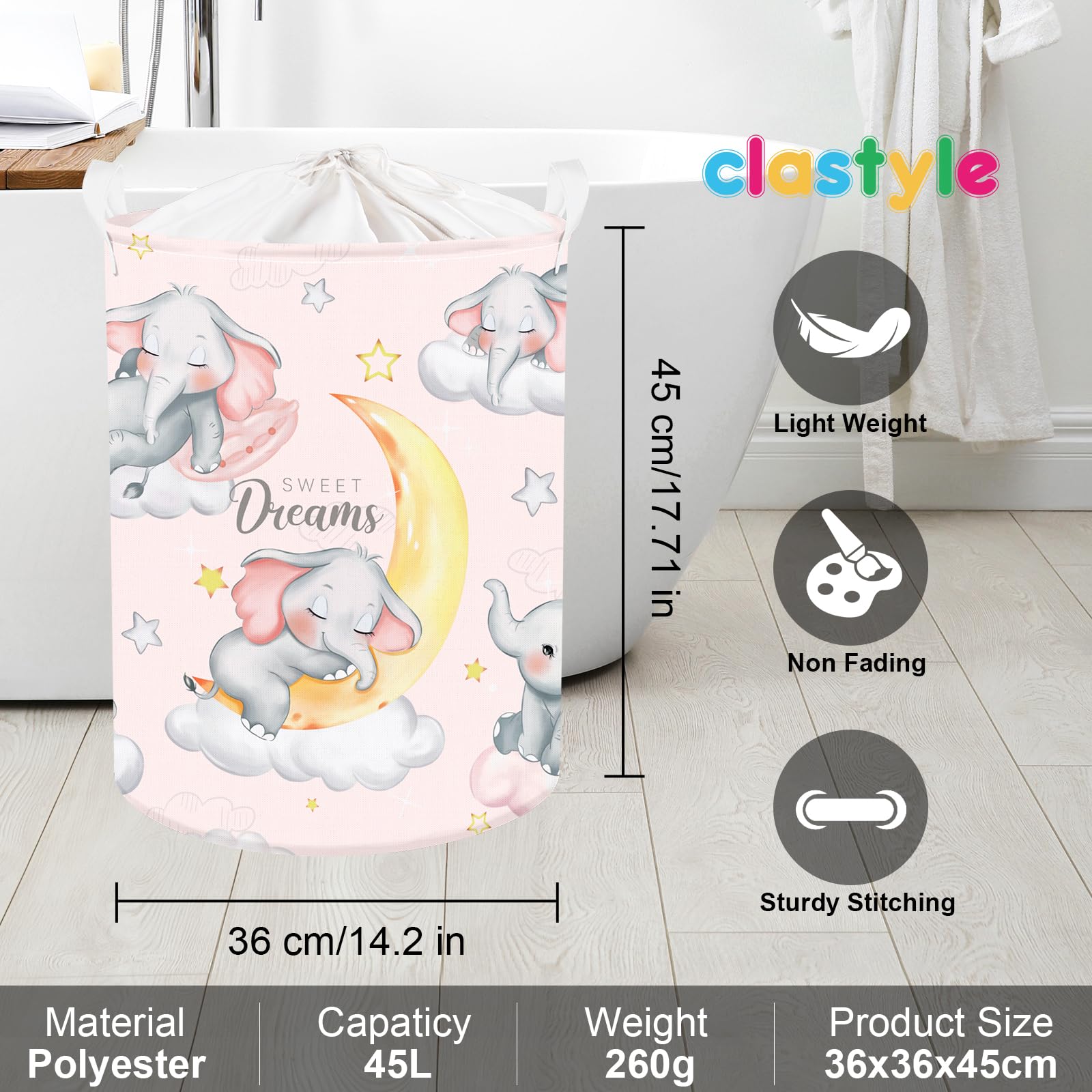 Clastyle Sleeping Elephant Kid Laundry Basket Pink Baby Girls Clothes Hamper for Nursery Collapsible Star Moon Towel Toy Storage Basket with Lid