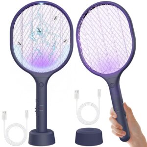 electric fly swatter 2 pack, 3000v bug zapper racket fly zapper with 1500mah rechargeable battery, indoor outdoor fly trap mosquito killer with 3-layer safety mesh for home, kitchen, patio, camping