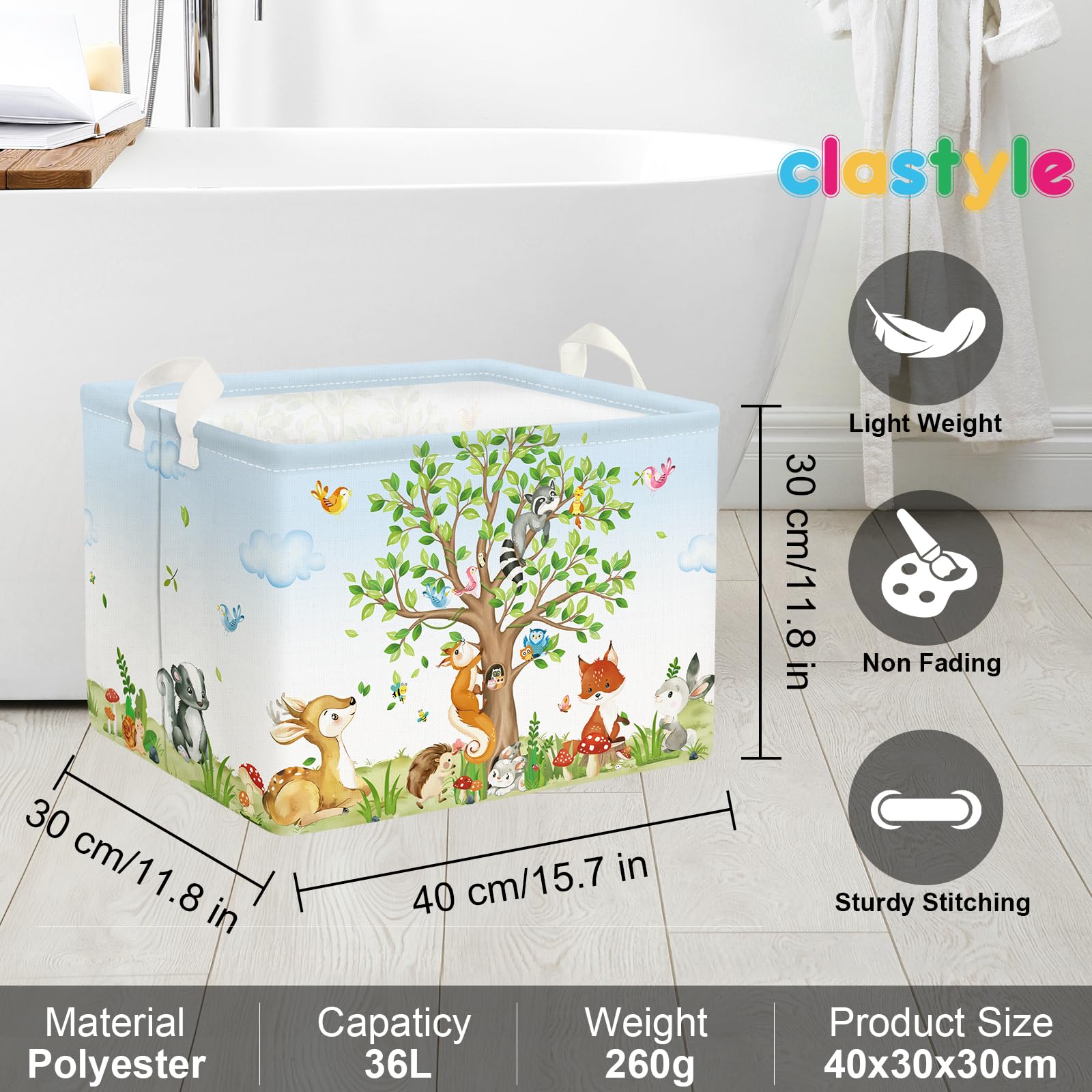 Clastyle Forest Life Tree Baskets Rectangular, Kids Basket,Waterproof Foldable Canvas Laundry Basket,Nursery Hamper,Room Decor,Shelf Basket(Animal)