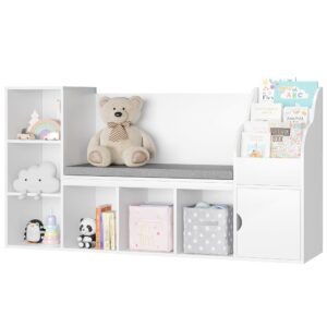 MU Kids Bookshelf with Reading Nook, Toddler Bookcase Bench with Seat Cushion and 7 Storage Cubbies, Kids Reading Nook for Boys & Girls, Toy Storage Bench Box for Bedroom, Playroom, Nursery, White