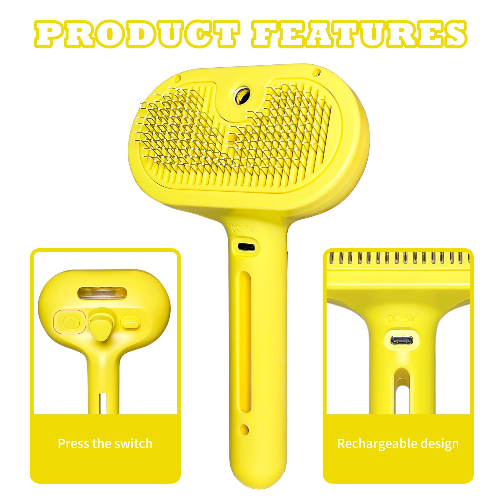 CityinSky Cat Brush for Shedding - Pet Hair Removal Comb with Water Tank, Steam Brush, Cat Bath Brush, Dog Brush - Yellow