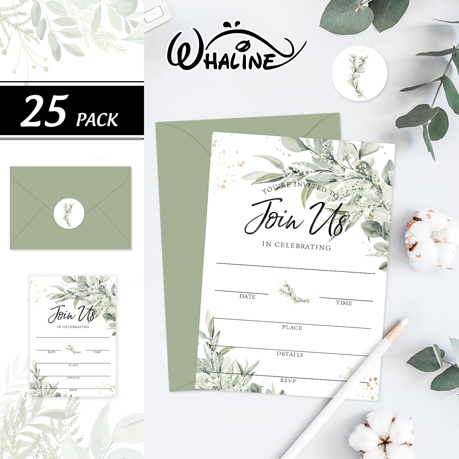 Whaline 25 Sets Greenery Invitations with Envelopes Stickers Sage Green Leaves Invitation Cards Blank Invites for Spring Wedding Reception Bridal Baby Shower Birthday Dinner Party, 5 x 7 Inch