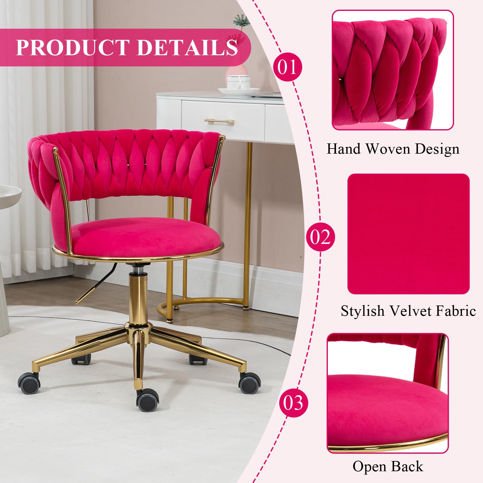 Allnifurv Home Office Chair with Hand Woven, Velvet Upholstered Desk Chair with Open Back, 360° Swivel & Height Adjustable Task Chair, Ergonomic Office Chair with Gold Base (Rose Red)