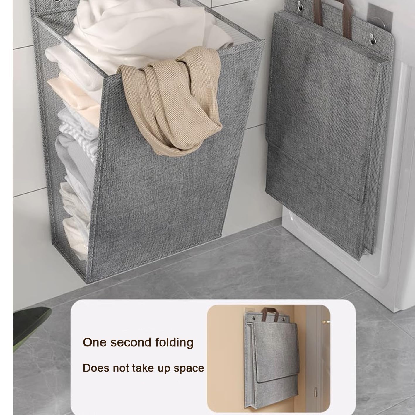 PiyquinticFolding laundry basket ，Set of 2 Wall-Mounted Laundry Baskets，Laundry basket hanging on the wall，Space-saving large laundry basket，Laundry basket gray，