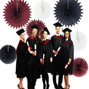 Graduation Decorations Maroon Black 2024/Burgundy Black Graduation Party Decorations/Burgundy White Black Tissue Paper Fans for Maroon Black Birthday Party Bridal Shower/Maroon Graduation Decorations