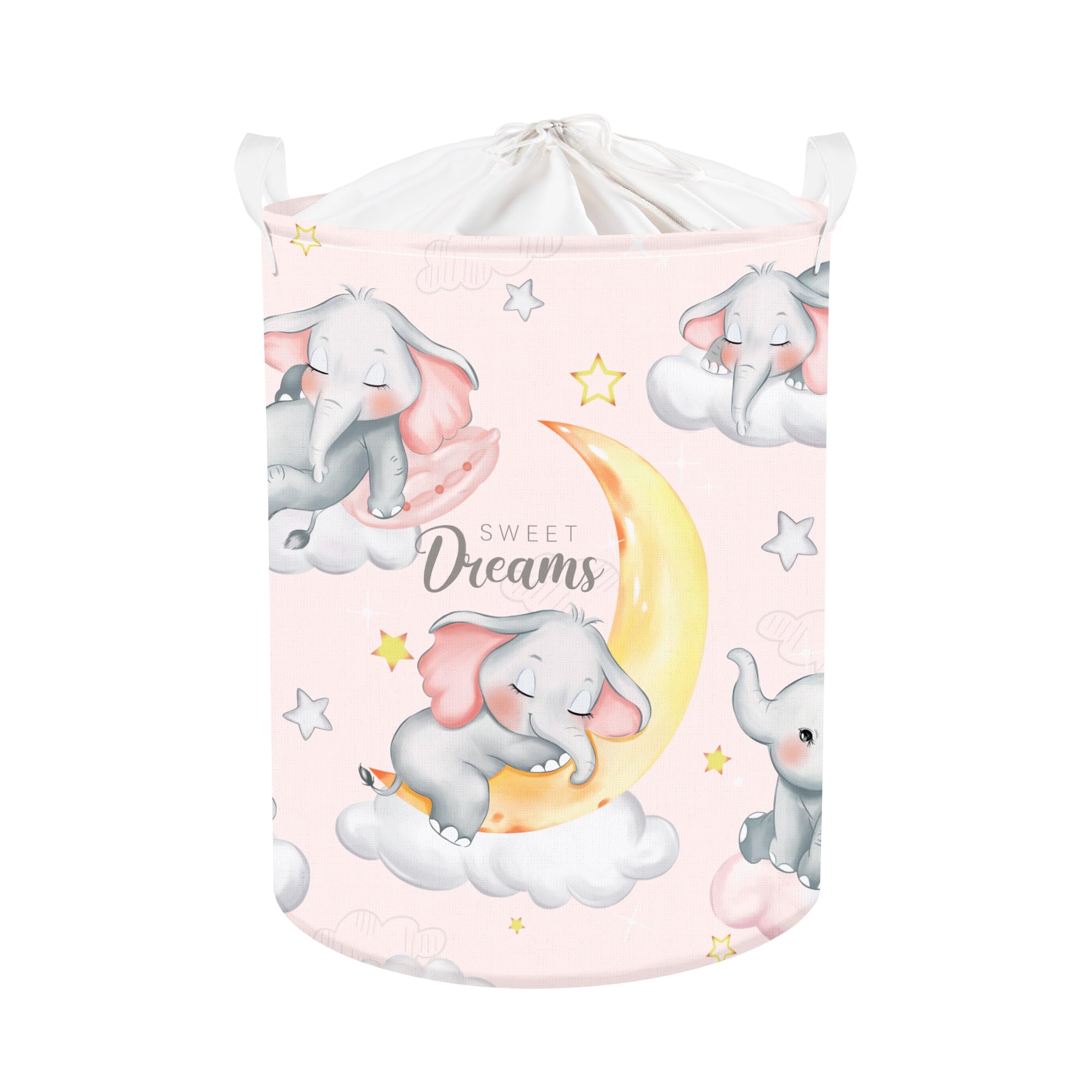 Clastyle Sleeping Elephant Kid Laundry Basket Pink Baby Girls Clothes Hamper for Nursery Collapsible Star Moon Towel Toy Storage Basket with Lid