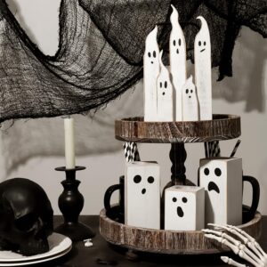 Halloween Table Decorations Indoor: Farmhouse Halloween Cute Ghost Decorations, Slender White Ghosts Wood Plank Signs Set, Rustic Tiered Tray Decor Wooden Ghost Desk Office Decor for Home Kids