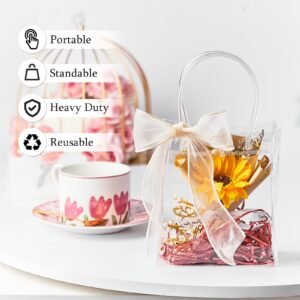 CLUEWR 50 Pack Clear Gift Bags with Handles, Reusable PVC Plastic Bags with Ribbons Transparent Party Favor Bags Gift Wrap Bags, 5.9 x 4.92 x 2.75 Inches