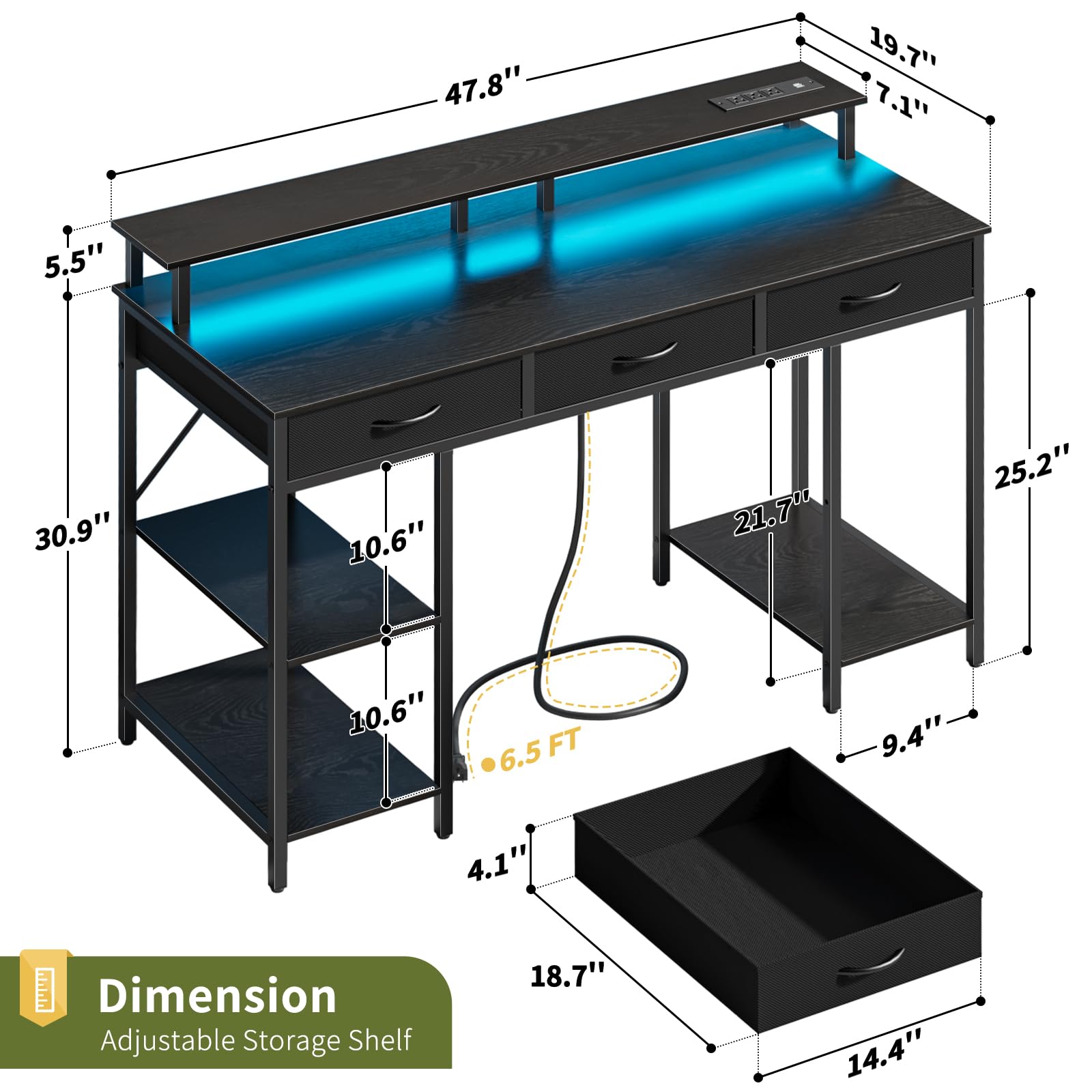 Yoobure Computer Desk with Drawers, Office Desk with LED Lights & Outlets, Small Desk with Storage Shelves, Gaming Desk 48" Home Office Desks with Monitor Stand, Writing Desk for Bedroom Small Spaces