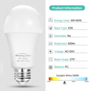 Amazing power Dusk to Dawn Light Bulbs, Sensor E26 LED Bulb 9W (60W Equivalent), 825LM, 5000K Daylight White, Auto On/Off Light Bulbs for Outdoor Lighting, 4-Pack