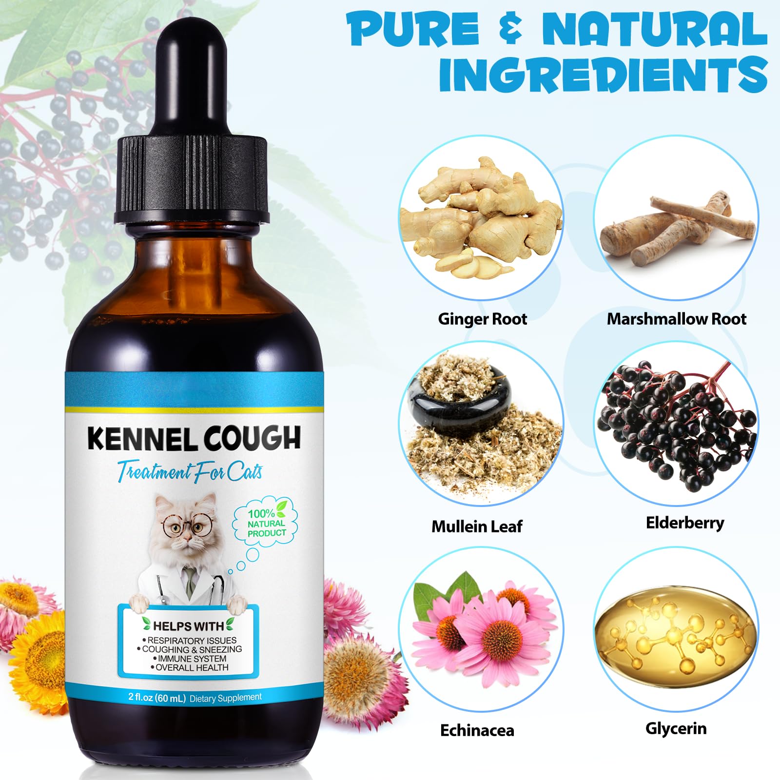 Kennel Cough for Cats, Kennel Cough Herbal Drops, Cats Cough Reliel Liquid Drop for Cats Allergy Relief, Soothes Cats Cough, Pet Health Supplies for Cat Cough Care, Chicken Flavor - 1 Pack / 2 Fl oz