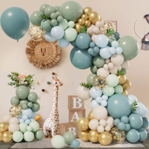 Bonropin 172pcs Dusty Blue Green Balloon Garland Arch Kit with Haze Fog Blue Ash Mist Sage Green Sand White Gold Confetti Balloons for Baby Shower Wedding Bridal Boho Birthday Party Decorations