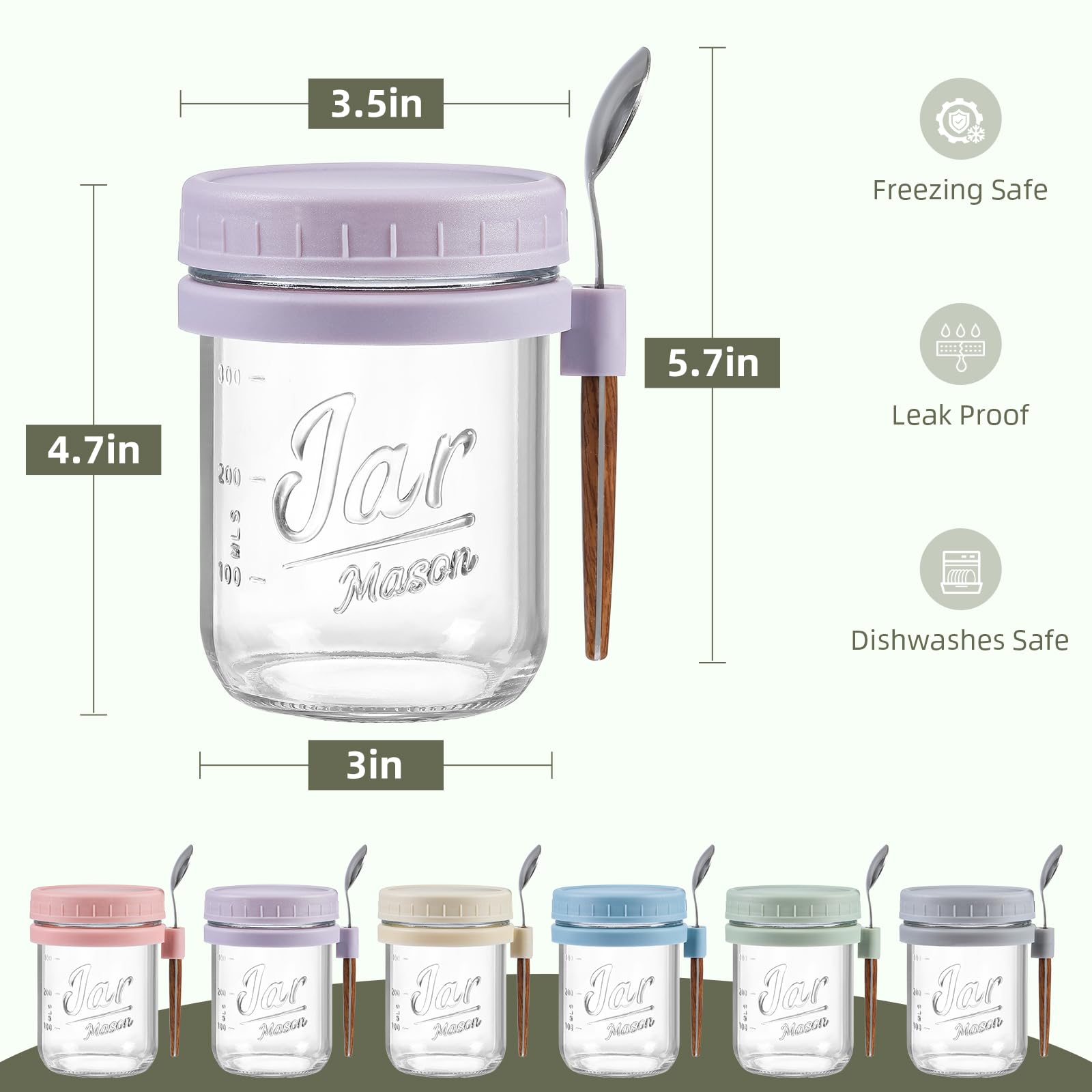 LANDNEOO 6 Pack Overnight Oats Containers with Lids and Spoons, 16 oz Glass Mason Overnight Oats Jars, Large Capacity Airtight Jars for Milk, Cereal, Fruit